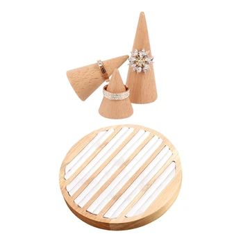 

4 Pcs Rings Display Tray Wooden Round Ring Holder Showing Plate Jewelry Organizer Showcase, 1Pcs White & 3Pcs Wood Color