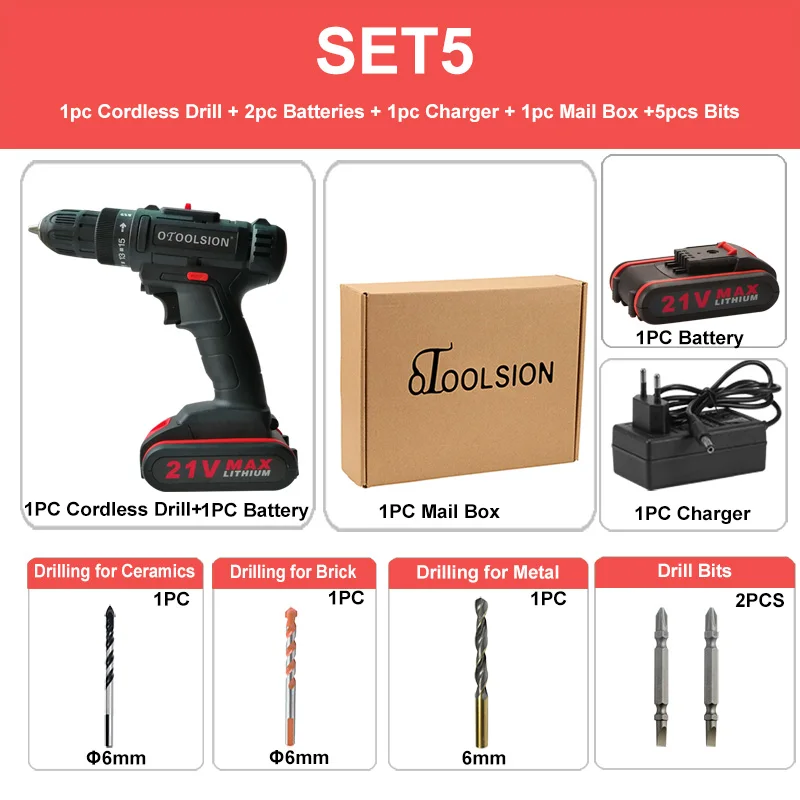 12V 21V 2Speed Cordless Drill Cordless Screwdrivers Power Tool Set Drill Electric Screwdriver Electric Drill with Free Bits Part - Цвет: SET5 (2 pc battery)