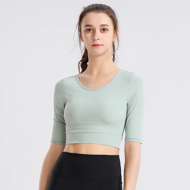

Women Yoga T-Shirt Short Sleeve Fitness Beauty Back Drawstring Slim Quick-Drying Round Neck Running Yoga Short Sleeve Sportswear