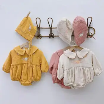 

2020 Autumn Baby Girl Bodysuit Lapel Long Sleeve Flower Embroidery Princess Girls Jumpsuit With Hat Baby Girl Clothes Outfits