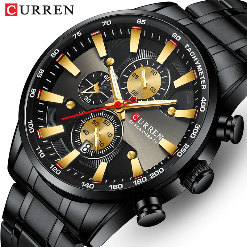Online Nuevo reloj CURREN para hombres, marca superior, reloj de pulsera deportivo de cuarzo dorado negro, reloj cronógrafo para hombre, reloj de fecha, relojes masculinos de acero inoxidable