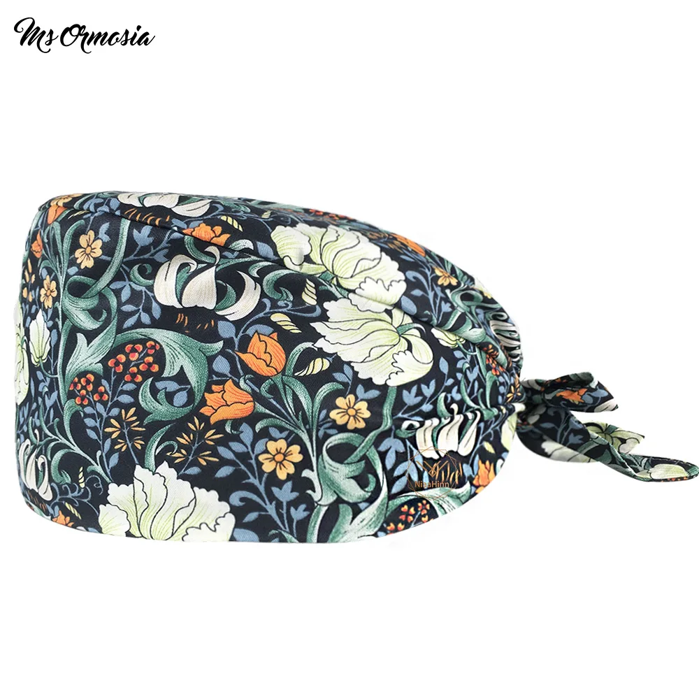 

Fashion cotton flower Cartoon print hats adjustable Scrubs hats beauty salon work cap laboratory pet shop Breathable scrubs caps