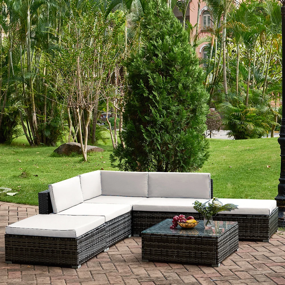 Panana 6PCS Rattan Outdoor Garden Furniture Patio Coffee Table and Corner Sofa Set Ottoman PE Wicker Steel Frame Panana 6PCS Rattan Outdoor Garden Furniture Patio Coffee Table and Corner Sofa Set Ottoman PE Wicker Steel Frame