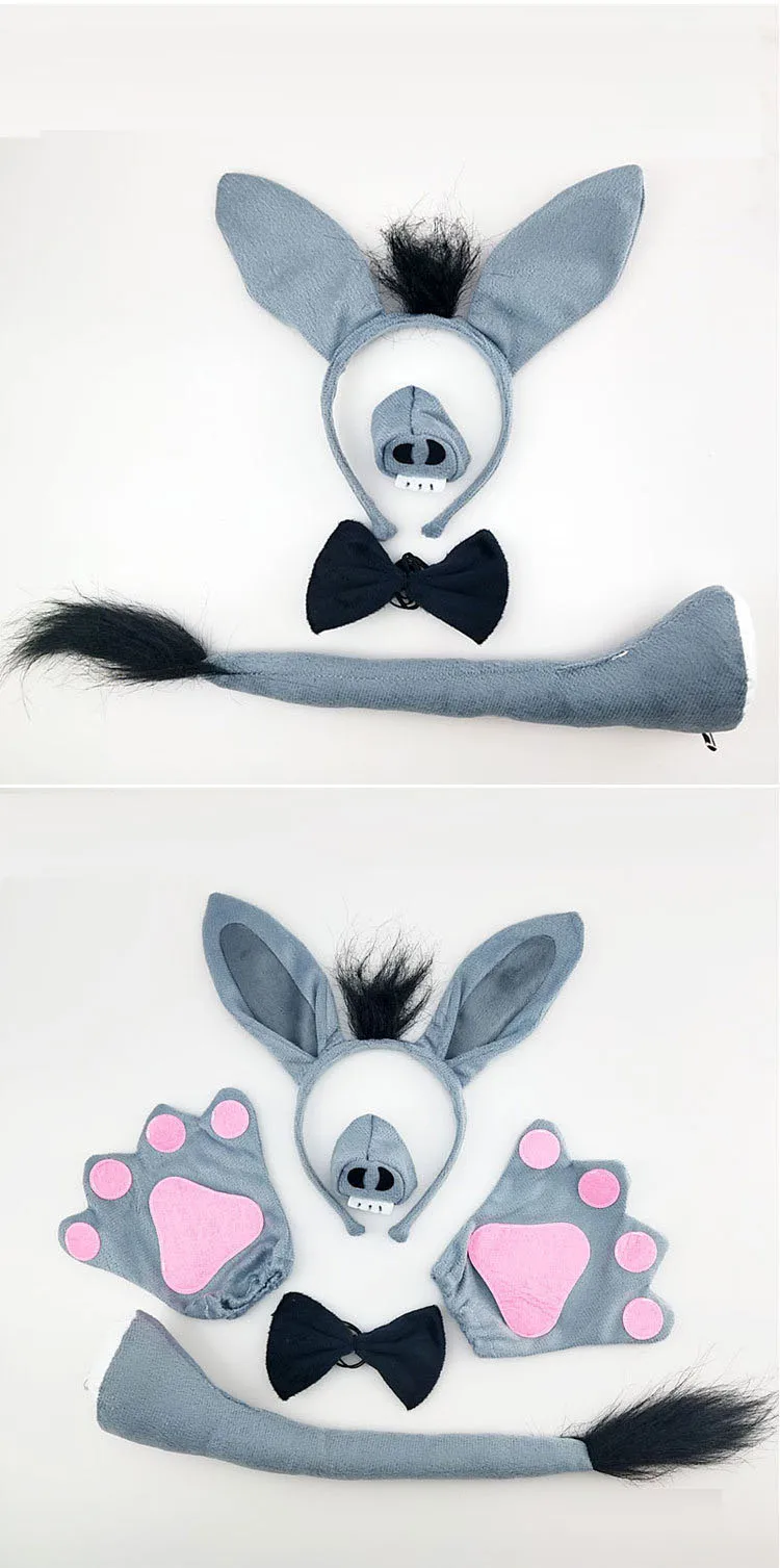 Adult Kids Boy Girl Donkey Headband Tail Tie Paw Nose Animal Cosplay Set Party Props Costume Halloween Christmas