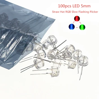 

100pcs LED 5mm Straw Hat RGB Slow Flashing Flicker Transparent Tri-Color Red Green Blue 20mA 3V 5 mm Light Emitting Diode Lamp