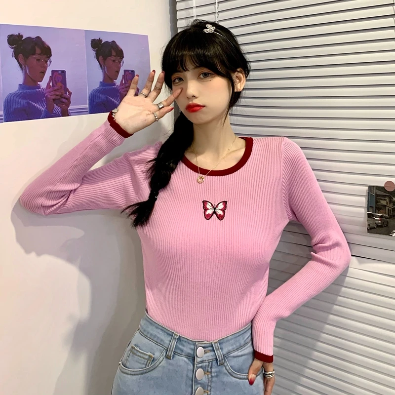 

Women Sweet Butterfly Embroidery Contrast Color T-shirt Fashion Long Sleeved Knitted Elasticity Top