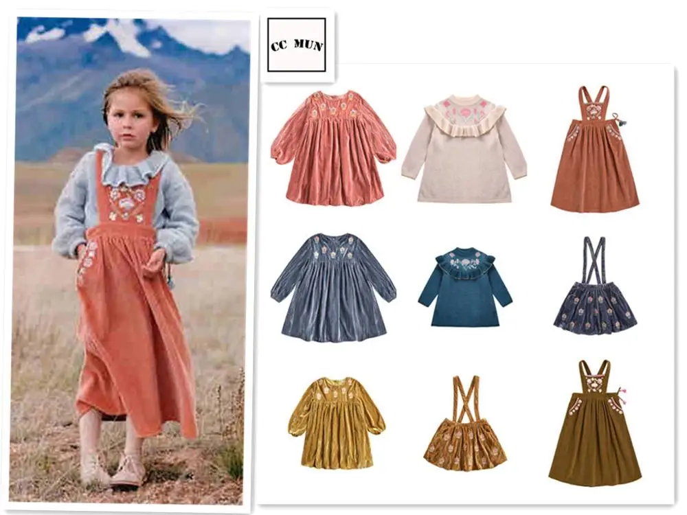 LM 2019AW/Новые Детские платья для девочек, детское трикотажное бархатное платье с вышивкой в национальном стиле на бретелях