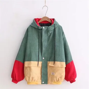 

Korean loose student simple color contrast women's jacket autumn new large pocket color matching hooded corduroy bomber
