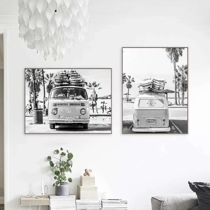 Camper-Van-Beach-Surf-Print-Palm-Tree-Art-Canvas-Painting-Black-and-White-Photography-Ocean-Poster (2)
