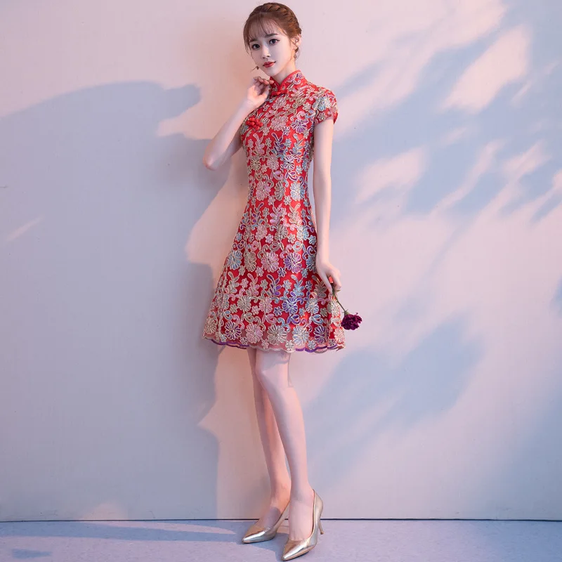 Elegant flower Embroidery Mesh skirt Improved Cheongsam Wedding Party Dress Prom Gown Vestidos