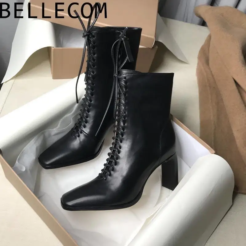 

BELLECOM Chalaza And Ankle Boots Square Woman Genuine Leather Coarse With 2019 Thin Black Short Boots Woman Autumn Single Boots