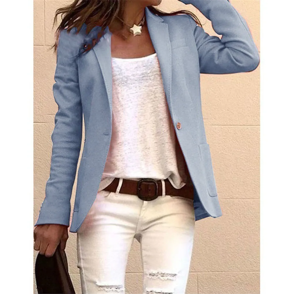 light blue Женское элегантное деловое Женское пальто облегающий костюм однотонные куртки с длинными рукавами LF88 - Цвет: light blue