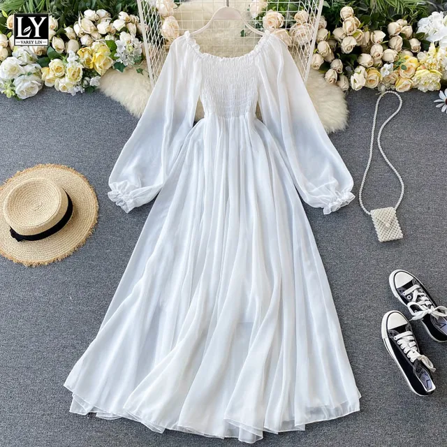 LY VAREY LIN 2021 New Autumn Women Elegant Holiday Dresses Puff Sleeve Slash Neck Off Shoulder Smocked White Chiffon Dresses 1