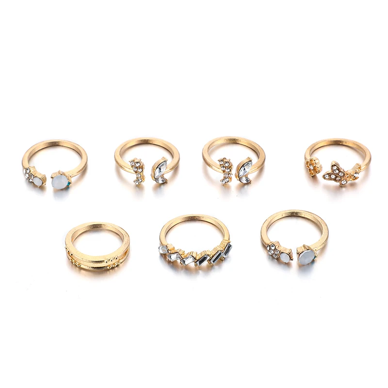 HuaTang Boho Rhinestone Rings for Women Gold Color Heart Carving Wave Crystal Knukle Wedding Rings Set Jewellery Anillos