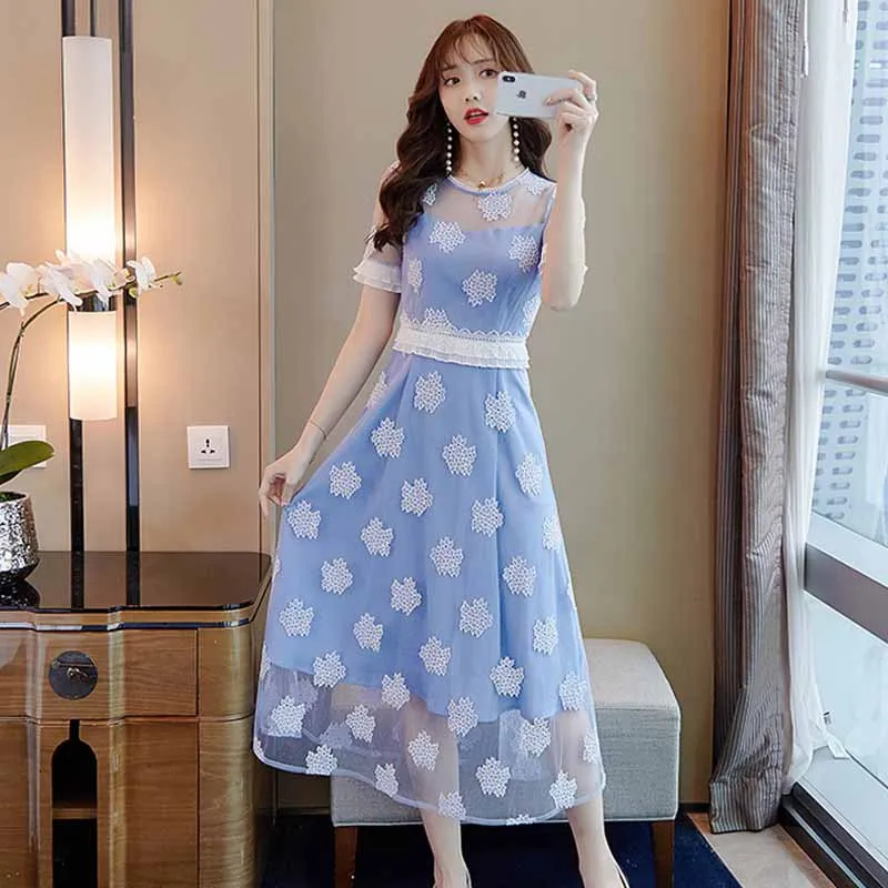 

2019 Summer New Style Gauze Skirt Early Spring Waist Hugging Slimming Long Skirts Debutante Elegant High-End Lace Dress Women's