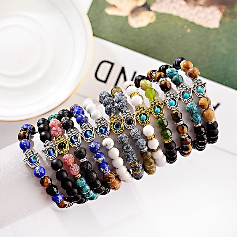 

OIQUEI 2019 Charms Hamsa Hand of Fatima Evil Eye Mala Bracelet Natural Lava Howlite Stone Lucky Bracelets Men Hommes Pulseiras