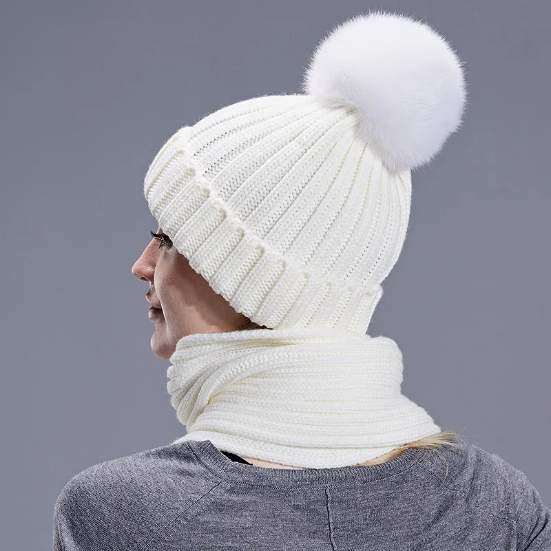 Настоящий помпон лисий мех Шапочка-шарф набор для детей женские зимние теплые шапочки шапки вязаные уличные шапки женский комплект высокого качества