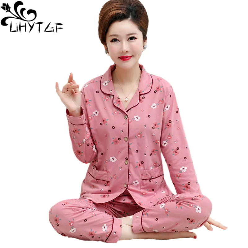 UHYTGF New Cotton Spring Autumn Pajamas Set Women Fashion Printing Two-Piece Comfortable Thin Sleepwear Loose Nightwear Suit1858 pure cotton super fire hoodless sweater women s splicing new loose spring and autumn round neck fake two piece top fashion