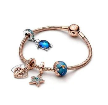 

Original 925 Sterling Silver Beaded Bracelet Rose Sparkling Starfish With Icy Blue Crystal Bangle For Women Gift Pandora Jewelry