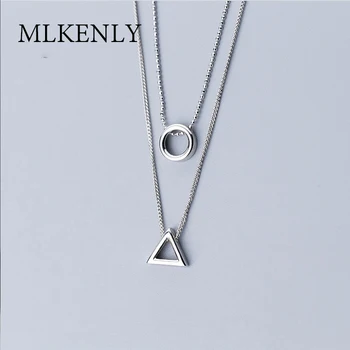 

MLKENLY 925 Sterling Silver necklace Two-layer Elegant fashion triangle round pendant temperament sweater chain for girl gifts