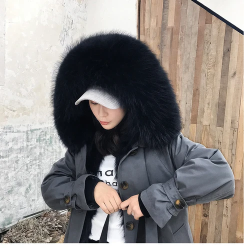 AYUNSYE, натуральное меховое пальто, зимнее пальто, женская одежда,, корейский лисий меховой воротник, шуба из кролика Рекс, женская теплая парка с капюшоном YY1805 - Цвет: Black