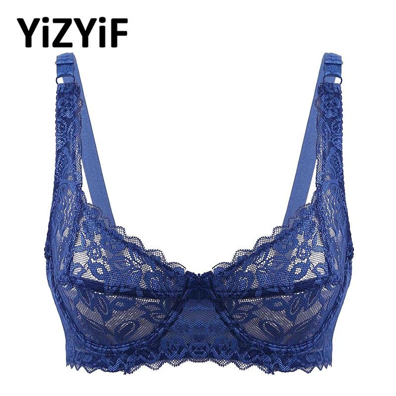 

Womens Sexy Lace Bra Top Ultra-thin See Through Sheer Lace Lingerie Adjustable Spaghetti Straps Full Cup Unlined Underwire Bra