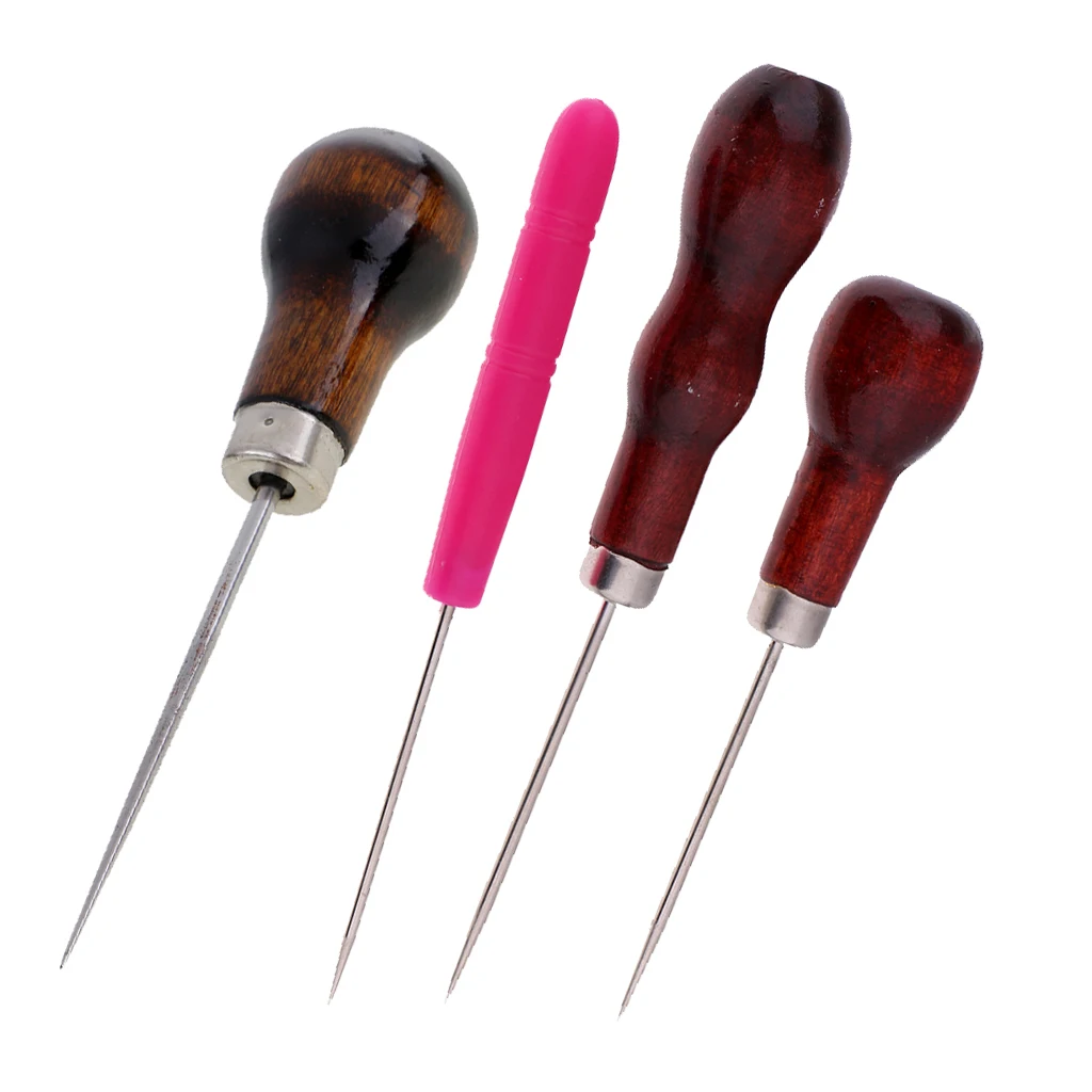 4X Plastic Wooden Handle Tailor's Awl Tool for Beading, Carving, Stitch Repair, Leather Work, Piercing Holes and Shoemaking