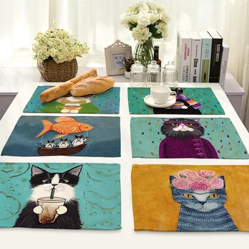 

Placemat For Dining Table Cartoon Cute Cats Animal Coaster Heat-insulation Linen Kitchen Dining Pads Cofe Shop Place Pads