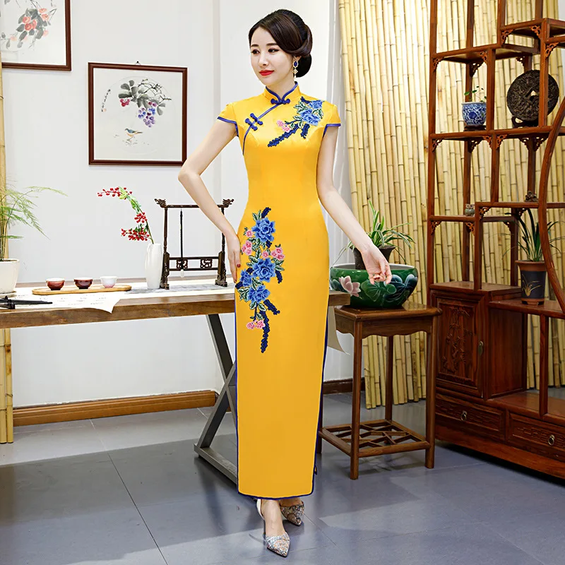 Желтые женские вечерние Cheongsam сексуальное тонкое длинное платье свадебное платье в китайском стиле свадебное вечернее Ципао Дамская одежда Vestido