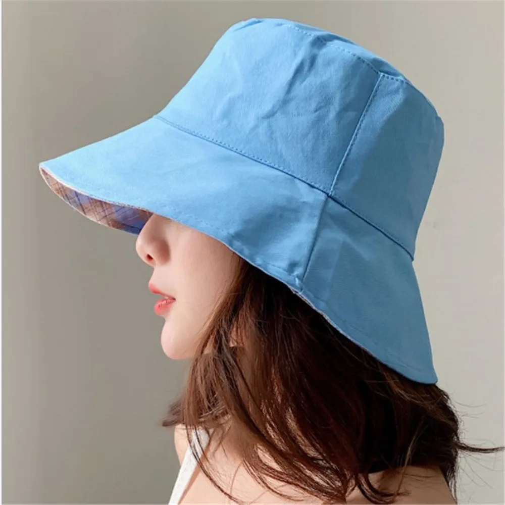 Blue Корейская Двусторонняя Женская клетчатая Рыбацкая шляпа летняя уличная дорожная УФ-защита круглая верхняя солнцезащитная Кепка - Цвет: Blue