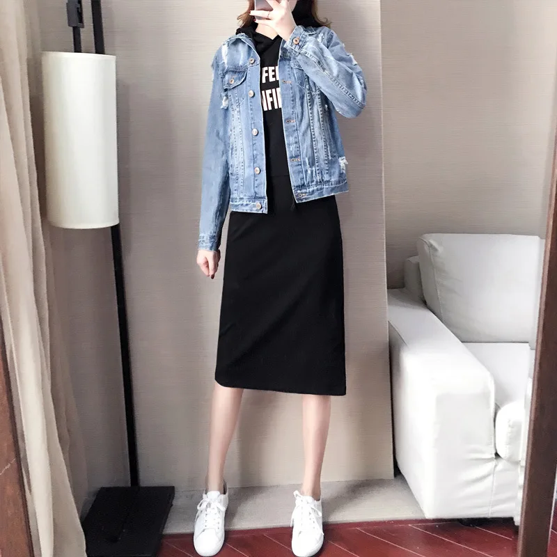 

2018 Autumn And Winter New Style South Korea INS Online Celebrity Style Cowboy Jacket Loose-Fit Long Sleeve Dress WOMEN'S Suit