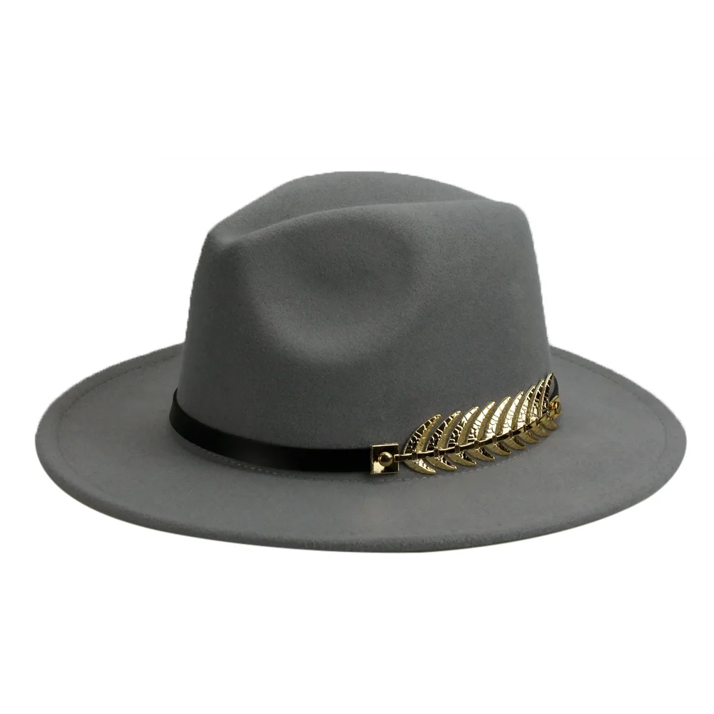 Зимняя фетровая шляпа с металлическим поясом, Женская фетровая шляпа с широкими полями, мужская фетровая шляпа, фетровая шляпа, Панама, кепки, винтажная верхняя шляпа, женская шапка YY18001 - Цвет: Grey trilby hat