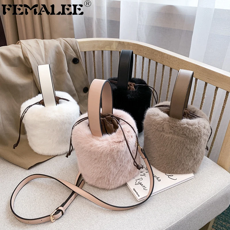 

Winter Cute Plush Solid Round Bucket Shoulder Bag Lady Simple Retro Small Purse Handbag Trendy Travel Messenger Bag Sac A Main