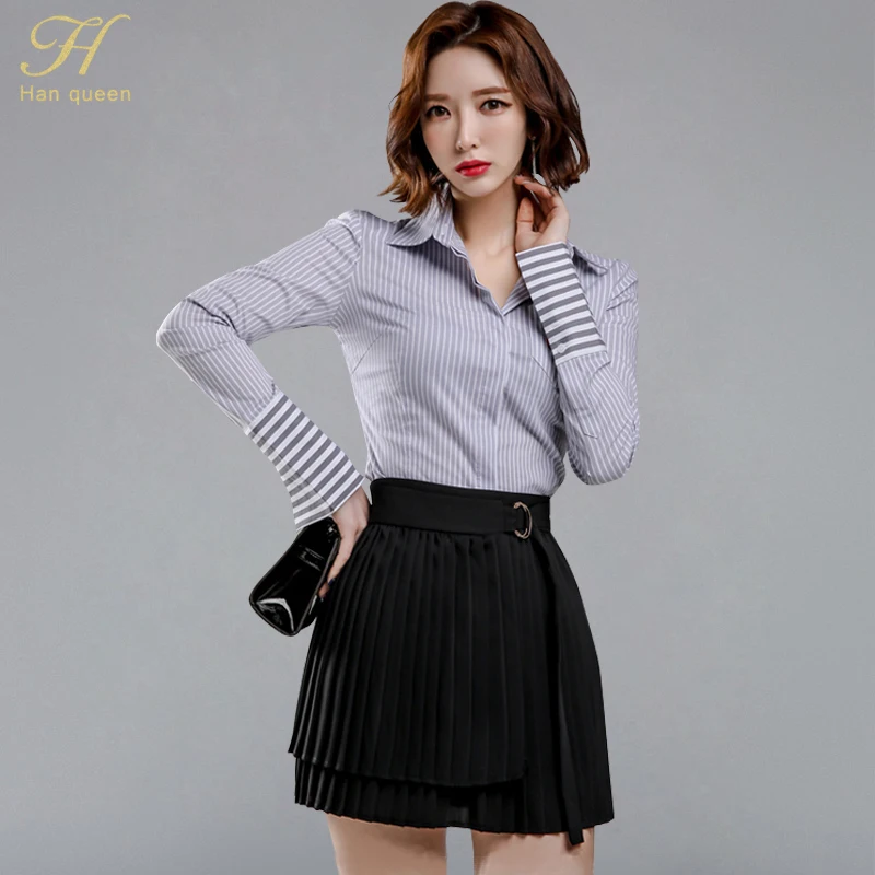 

H Han Queen Summer Korean OL Work Wear 2 Pieces Suits Set Women 2019 Striped College Style Fitted Shirts And Pleated Short Skirt