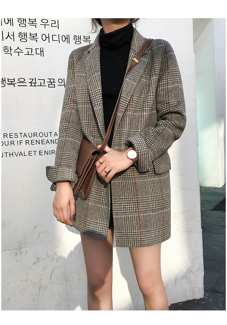 Зимняя шерстяная куртка, пальто, осенняя Женская Корейская верхняя одежда, плотное шерстяное пальто в клетку, женское