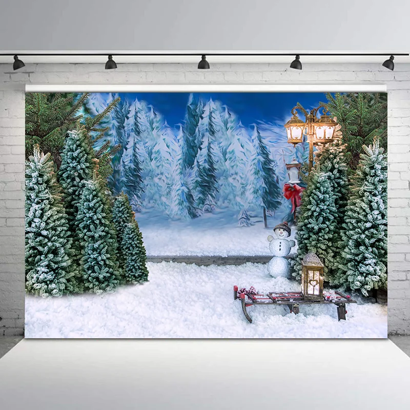 

Winter Snowy Pine Forest Christmas Photography Backdrops Street Light Snowman Photo Studio Background Photocall Photo Prop