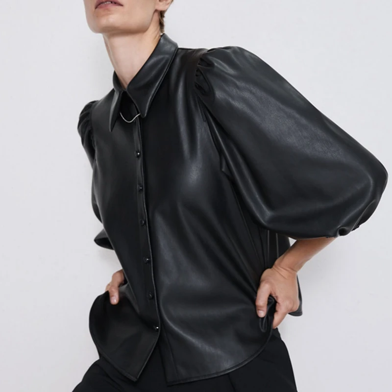 Черная блузка из искусственной кожи, женская блузка с пышными рукавами и пуговицами, Зимняя Блузка с рукавом-фонариком, женская рубашка из искусственной кожи