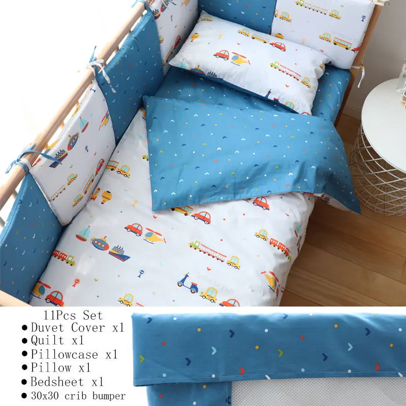 Traffic 11Pcs Flat Baby Bedding Set For Boy Girl Nordic Cotton Baby Bed Linen For Newborns Kids Crib Bedding With Bumper Cot Kit Allow Custom Size - Цвет: Traffic 11Pcs Flat