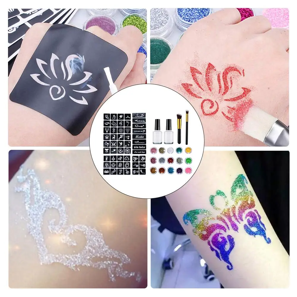 15 Colors 50 Templates Flash Diamond Glitter Flash Powder For Temporary Tattoo Kids Face Body Painting Art Tools Suit TSLM1 NEW