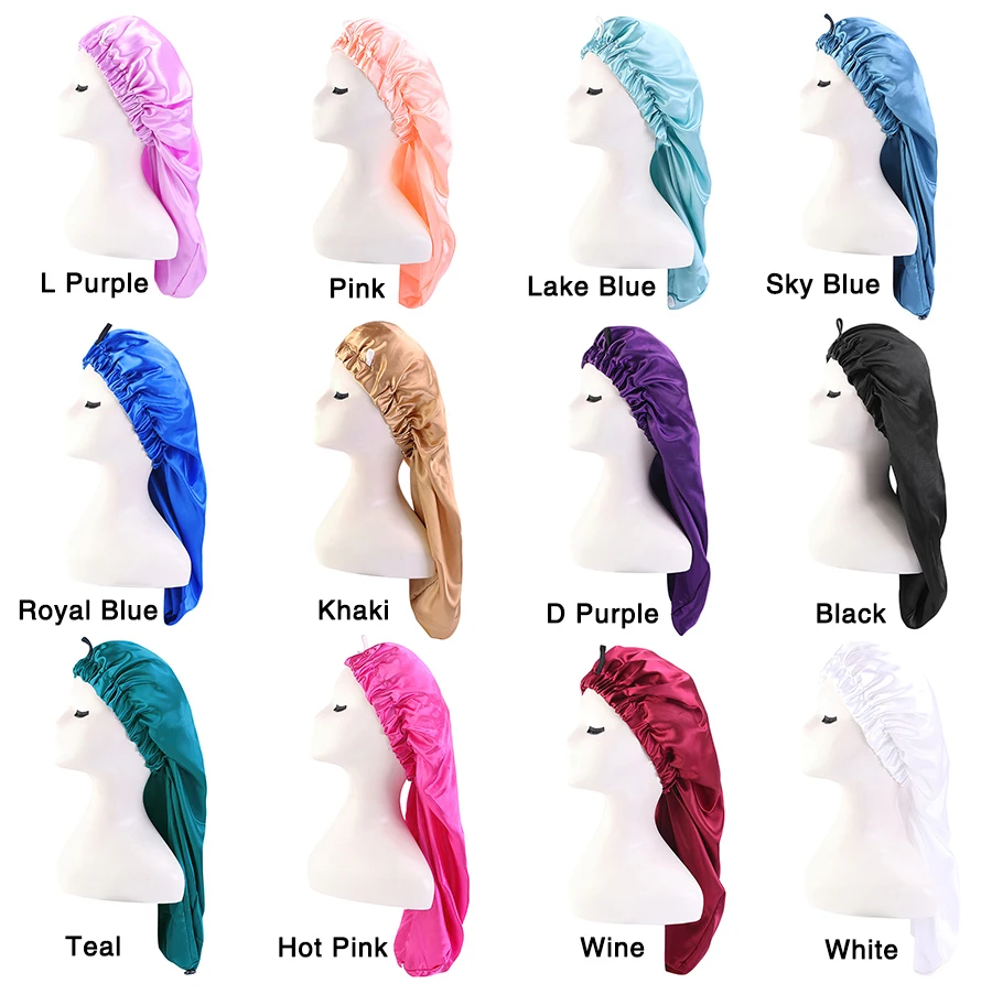 Description Picture 3 of itemLong Sleep Cap For Women 1 Pack Large Soft Elastic Band Satin Bonnet For Braids Dreadlocks Long Curly Hair 12 Colors Choose