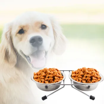 

Large Capacity With Bracelet Puppy Cat Double Bowls Accessories Freestanding Stainless Steel Pet Supplies Silver Dog Feeder