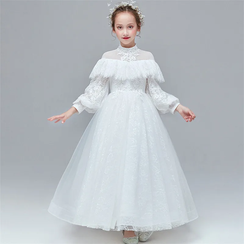 Детское элегантное кружевное длинное платье принцессы белого цвета на день рождения, свадьбу, вечеринку для девочек-подростков; модное праздничное платье