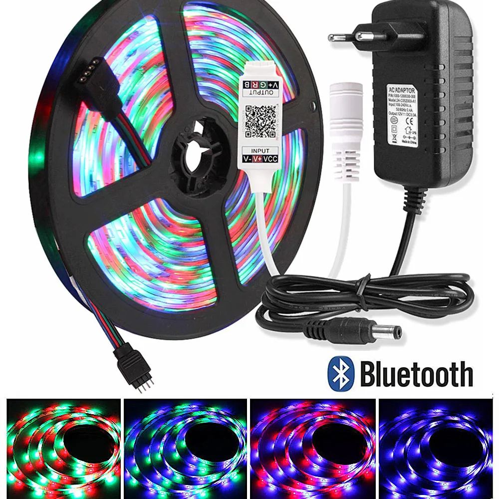 #cheap 2835 LED Strip Waterproof 5M Ribbon RGB Tape Flexible Neon Diode Tira LED Light Strip 220V to 12V Adapter Bluetooth 17key Remote