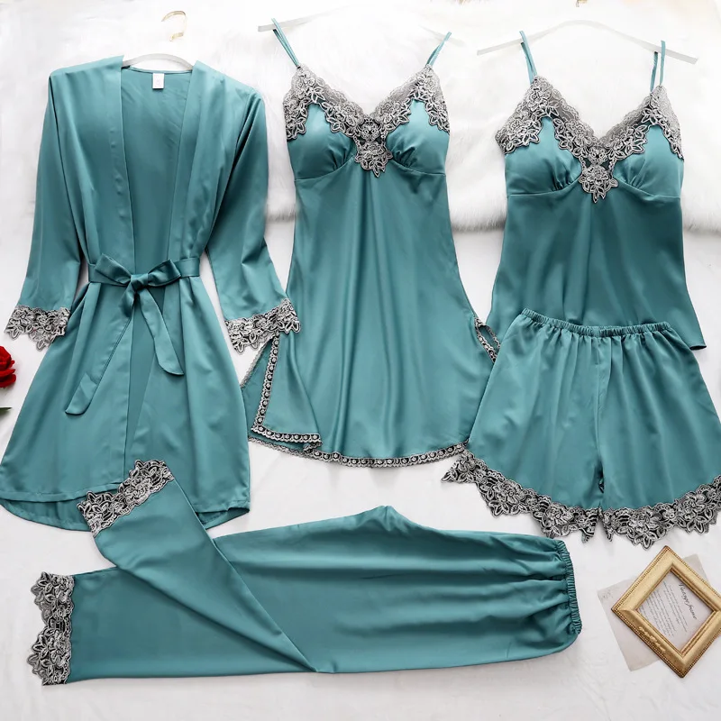 5PC Silk Robe Sleep Suit Womens Lace Satin Pajamas Gown Set V-Neck Cami Nighties Wear Pijama Home Nightwear Spring Nightdress women pajamas set women pajama suit