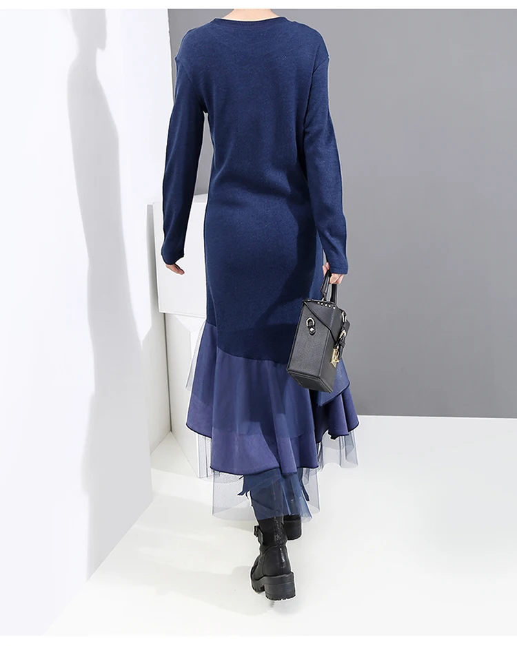 Новинка, Женское зимнее модное синее Повседневное платье с длинным рукавом, с оборками и сетчатым подолом, эластичное милое женское платье, Robe Femme vestidos 5705