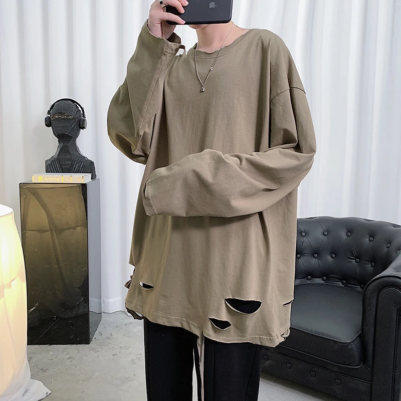 

Ripped Long-sleeved T Shirt Men's Fashion Solid Color Cotton Casual T-shirt Men Streetwear Wild Loose Hip-hop Hole Tshirt Mens