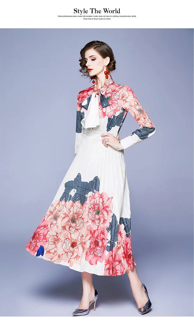 Banulin Fashion Runway Designer Maxi Dresses Women's Long sleeve Bow collar Elegant Rose Floral Printed Pleated Long Dress