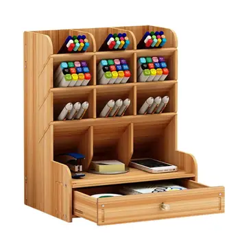 

NEW Wooden Stationary Desktop Organizer Multi Functional Large Capacity Fashionable Multiple Compartments Pen Holder #N
