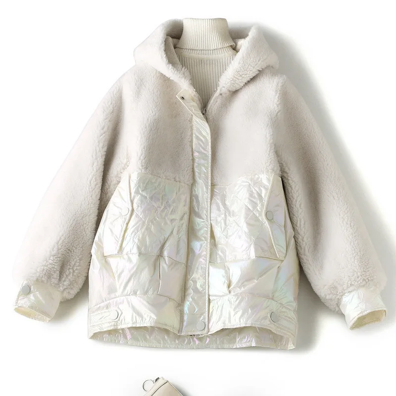 

Granular Wool Fake Fur Coat Female Short Paragraph Nice Winter Tide White Duck Down Hooded Coat Female J11194