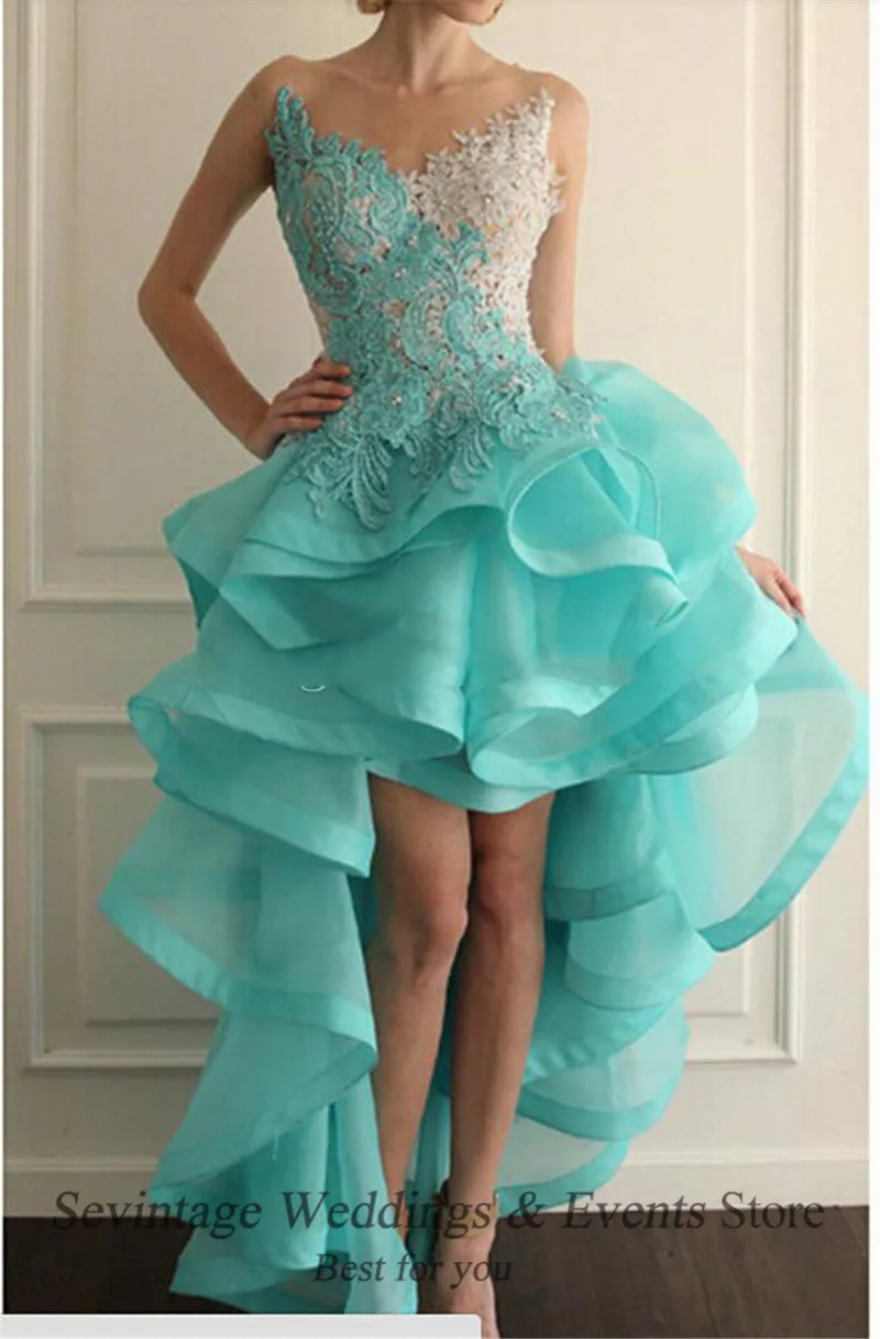 Evening Dresses Cocktail Dress Blue High Front and Low Back Organza Lace Appliques